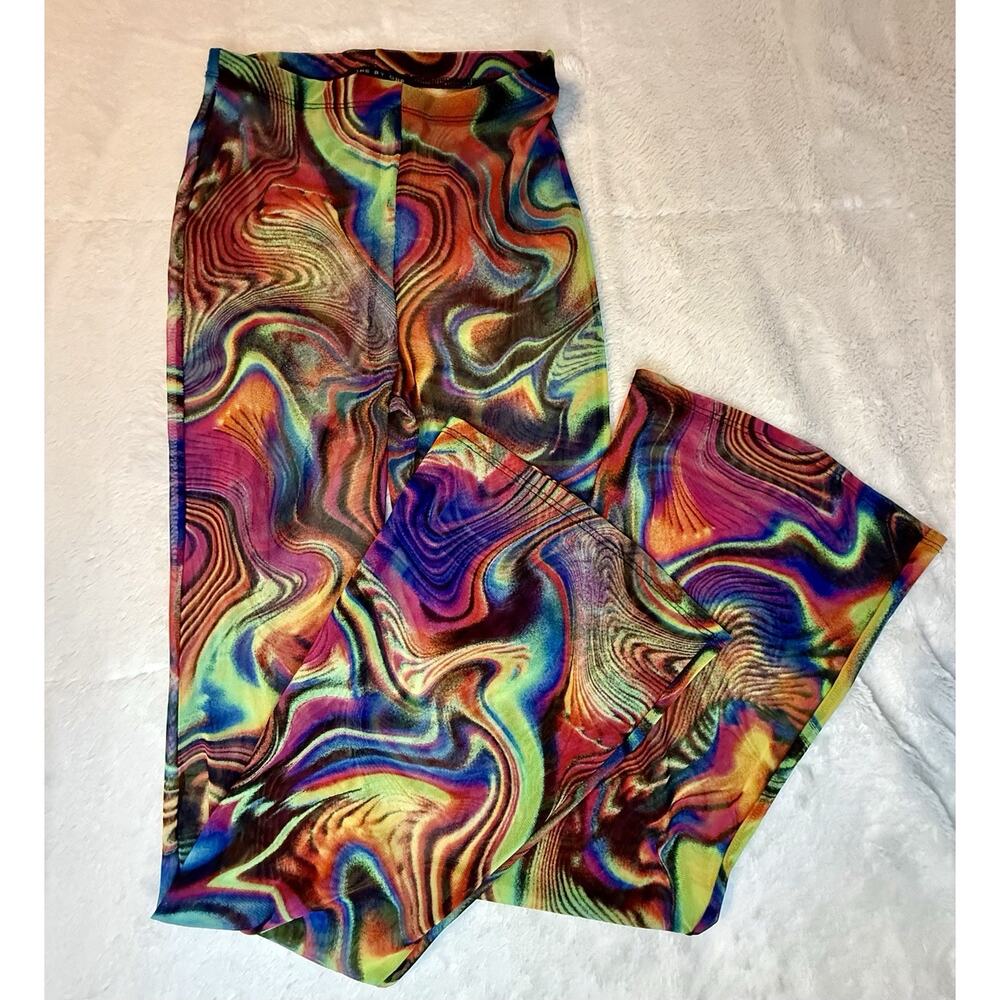 One By One Made In USA Rainbow Psychadelic Sheer Flare Leggings Small